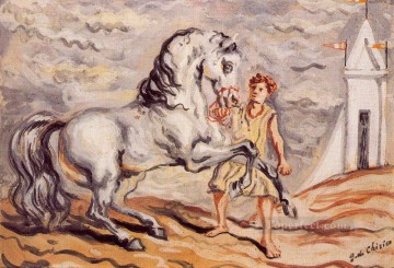 馬 Painting - ジョルジョ・デ・キリコ 厩務員とパビリオンを持つ暴走馬